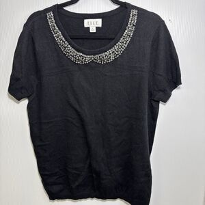 Elle XL Black Sweater Top w/ Silver Jeweled Collar Neckline‎ Sz XL Preppy Demure